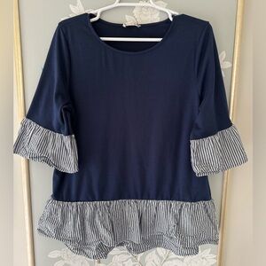 Blue Shirt with Ruffle Sleeve and Hem